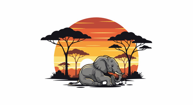 Elephant sitting in African savanna during a colorful sunset