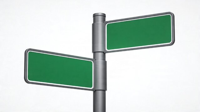  features a 3D-rendered street sign with two rectangular green panels mounted on a metallic pole. The panels are positioned perpendicular to each other, with rounded corners and a thin white border ou