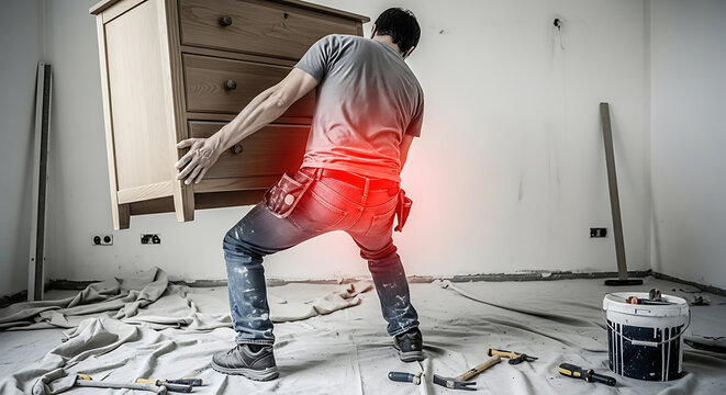 Man with back pain from lifting heavy furniture during home renovation, emphasizing improper technique and injury risk
