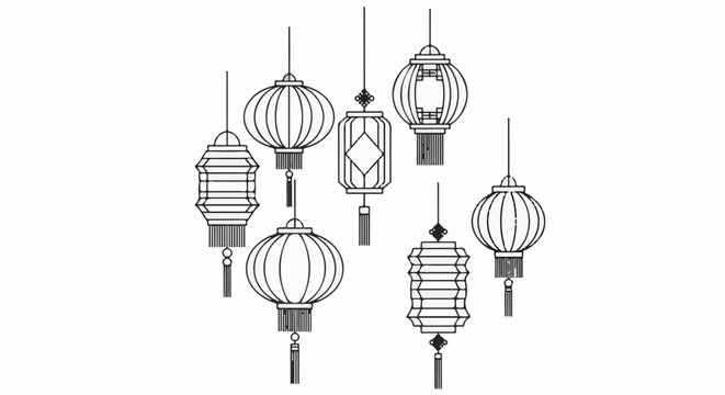 Collection of stylized line art illustrations of hanging lanterns