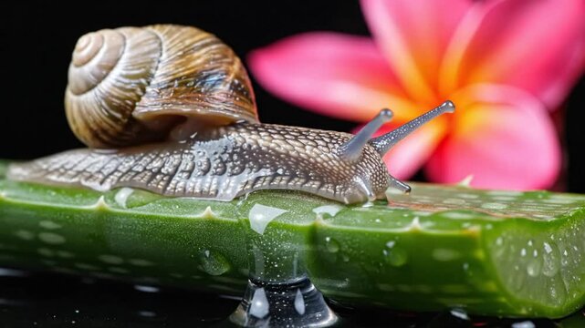 Macro view of a snail gliding over a piece of aloe vera with a vibrant pink flower in the background