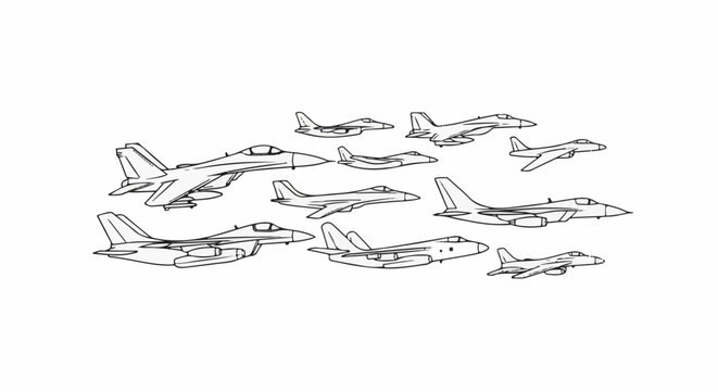 Collection of diverse fighter jet aircraft illustrations in various sizes and angles
