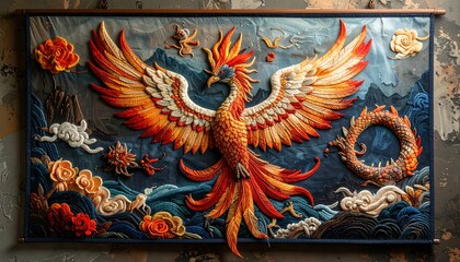 Obraz premium Intricate Phoenix Firebird Hand-stitched Embroidery on Textured Panel