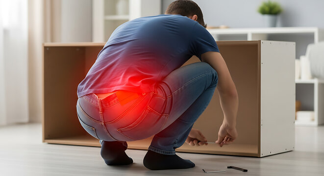 Man with acute lower back pain while assembling furniture. DIY injury or ergonomic discomfort highlighted.