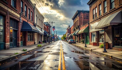 Fototapeta premium A rainy day view of a deserted city street lined with old brick buildings and awnings under a cloudy sky with wet pavement reflecting the gloomy atmosphere.
