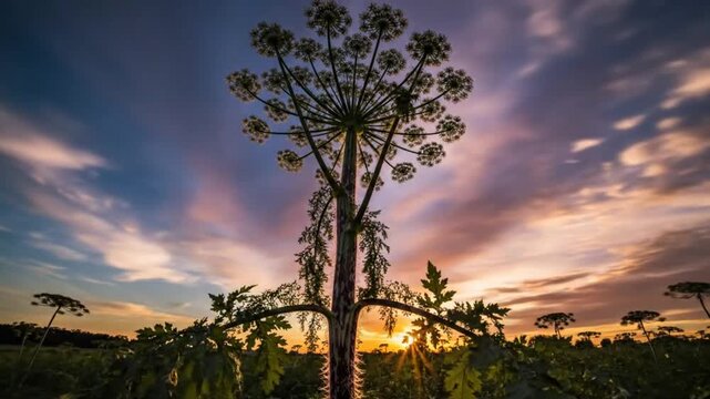 Time-lapse of sunlight through a giant hogweed plant at sunset against a blue sky