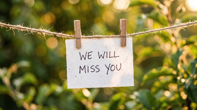 Handwritten note saying we will miss you clipped on a twine string in a garden with farewell clothespin handwriting
