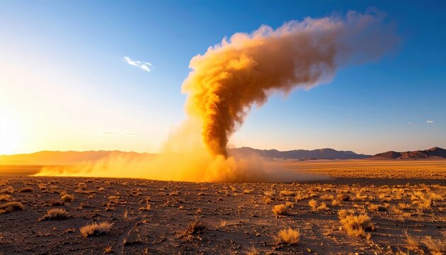 Massive dust devil swirling rapidly across arid desert landscape under a clear blue sky with sunlit horizon