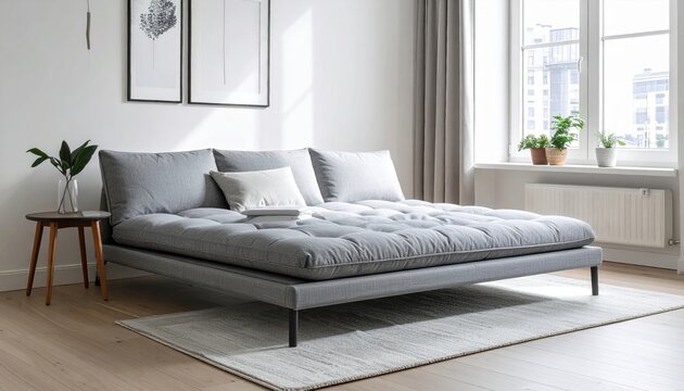 Grey convertible futon sofa bed in a modern living room setting with plush cushions and pillows