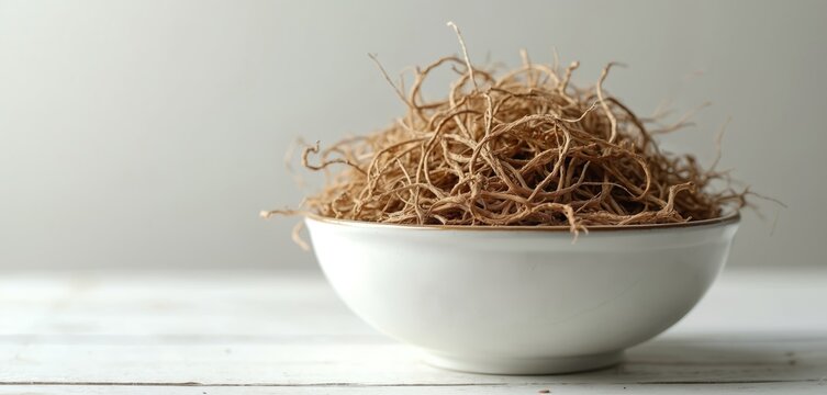 Dried Boerhavia diffusa plant roots fill white bowl on table. These roots are used in traditional medicine herbal teas and spices for cooking, providing natural health benefits.