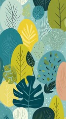 Illustration of colorful stylized trees and foliage pattern in a nature scene