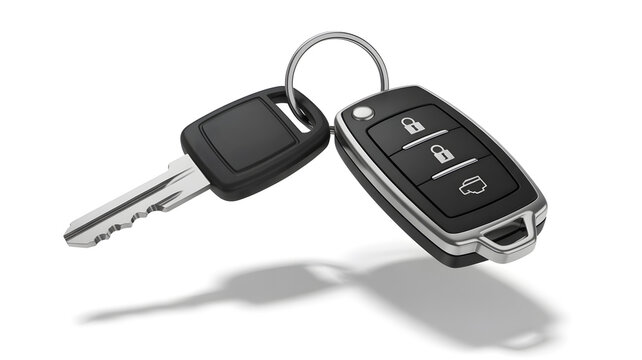 A car key and remote key fob on a transparent background with a shadow underneath
