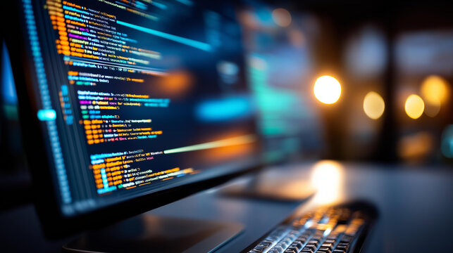 Close-up of code lines on a programmer's monitor in a dark room, software development lifestyle concept, clean code and debugging visualization, with copy space