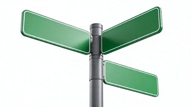  features a 3D-rendered street sign with two rectangular green panels mounted on a metallic pole. The panels are positioned perpendicular to each other, with rounded corners and a thin white border ou
