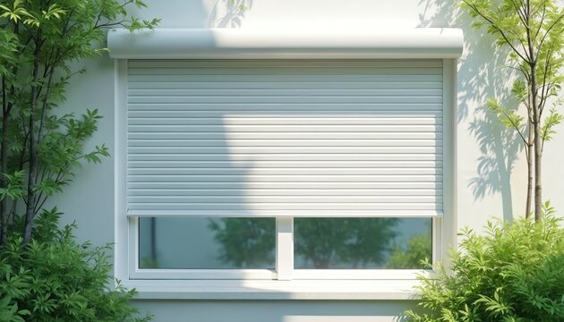 Modern white roller shutter covers window. Lush green plants frame exterior wall. Sunlight creates leaf shadows on house facade. Privacy, security, and sun shade.