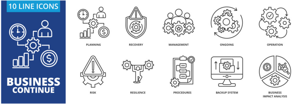 Business continuity  icon set collection in outline style. Containing Planning, recovery, management, ongoing operation, risk, resilience, procedures, Backup System, Business Impact Analysis (BIA)