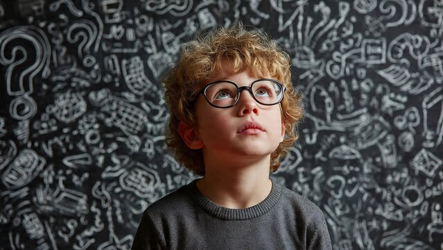 Curious young boy with glasses looking up.