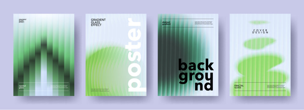 Creative covers, layouts or posters concept in modern minimal style for corporate identity, branding, social media advertising, promo. Design template with gradients and reeded or ribbed glass texture