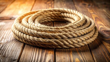 Obraz premium Thick, Coiled Lasso Rope Resting on a Rustic Wooden Surface