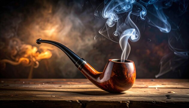 Vintage wooden pipe with rising smoke on textured wood surface