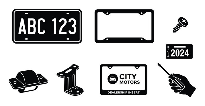Set of license plate accessories includes license plate frame, screws, and dealership insert
