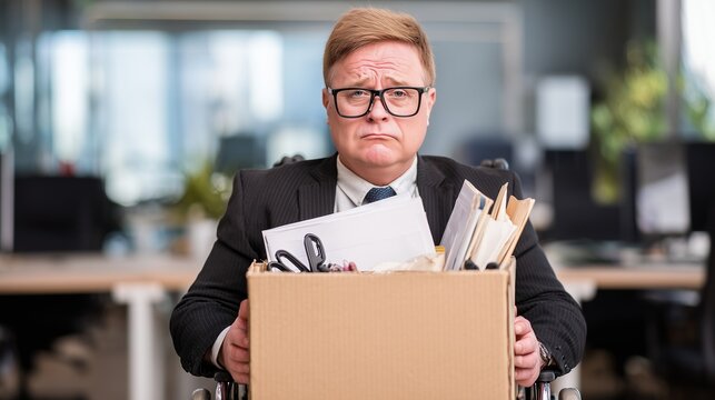 A stressed businessman holding a cardboard box in an office