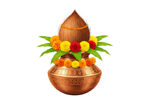 Decorated Kalash Pot with Coconut and Marigold Flowers, Religious Offering Symbol, isolated on transparent background