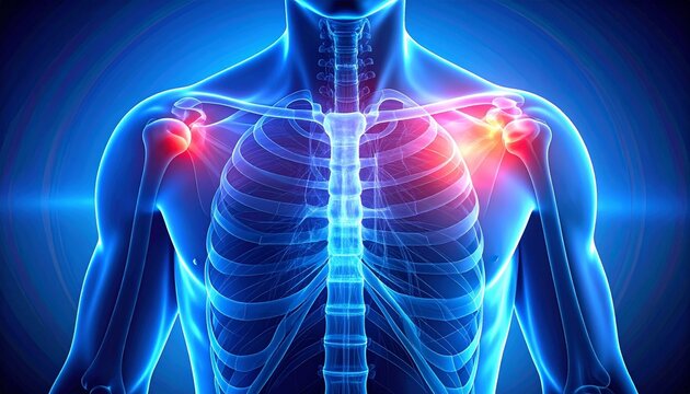 Digital medical illustration of upper torso, translucent blue ribcage and shoulders with glowing red highlights indicating pain.