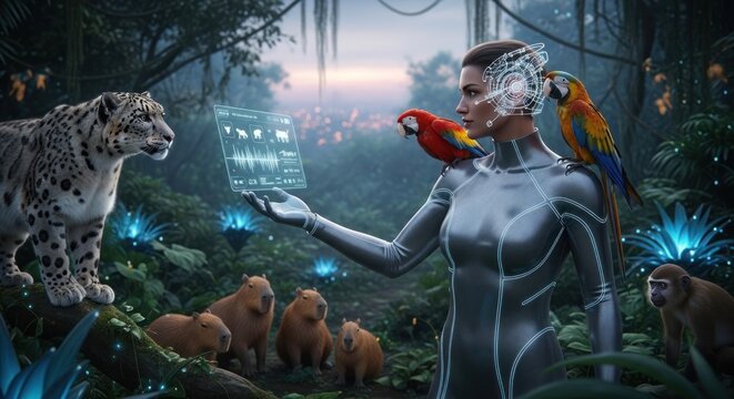 Futuristic woman interacting with wildlife in a bioluminescent jungle