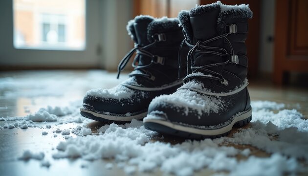 Pair of snow boots covered in snow sit on a wooden floor near an entrance door. Winter footwear brought inside after walking outdoors in cold weather.