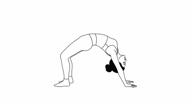 Minimalist line art illustration of a woman performing the Wheel Pose (Urdhva Dhanurasana) yoga. Fitness, flexibility, and wellness concept.