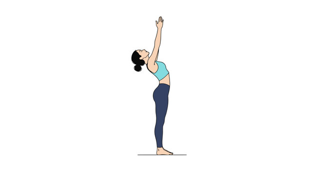 Illustration of a woman in Urdhva Hastasana yoga pose, stretching arms upwards with an arched back. Perfect for fitness, wellness, and mindful exercise themes.