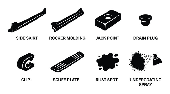 Vector fill collection of car underbody components and repair related icons