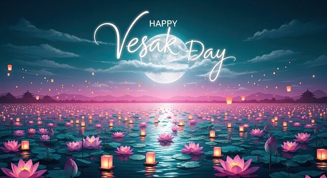 Happy Vesak Day Celebration with Floating Lotus Lanterns on Water