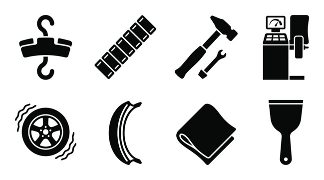 Wheel balancing equipment and weights silhouette icon collection for tire shop professional services