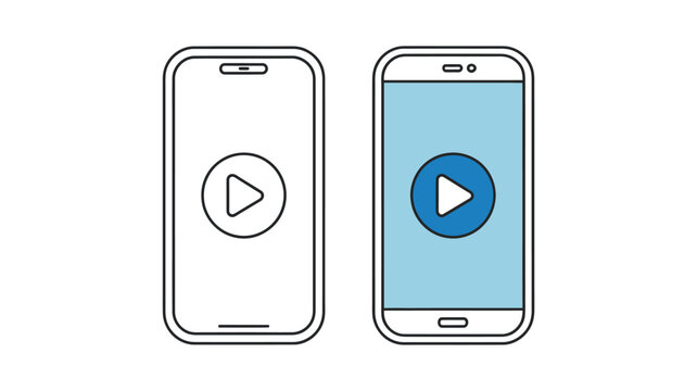 Two smartphones with play buttons on screen isolated on white background
