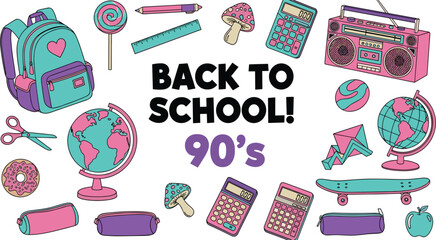 Retro Back to School 90s Style Vector Set with Backpack Boombox Globe Calculators and Stationery in Vibrant Pink and Teal Pastel Colors for Nostalgic Designs © Md