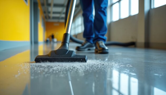 Person vacuums dusty floor in modern hallway. Blue uniform worker cleans shiny surface with suction machine. Building maintenance kepic area tidy and spotless.