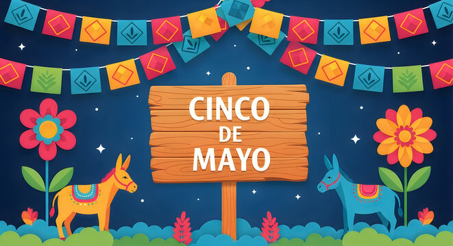 Happy cinco de mayo festive illustration with donkey flowers and papel picado banner