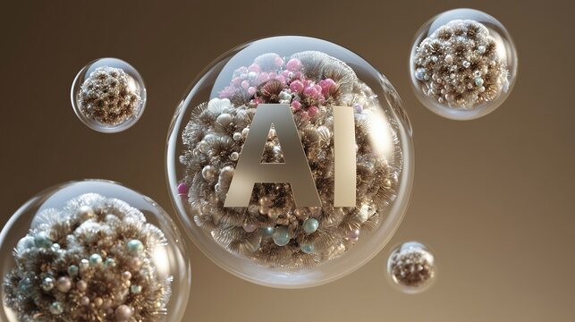 A futuristic representation of artificial intelligence with bubbles and particles