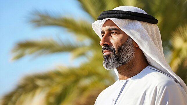 Dignified Arab Man in Traditional Ghutra with Grey Beard Contemplating Outdoors.