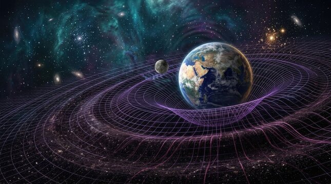 Earth, massive planet creating gravitational field, distorting spacetime continuum, showing general relativity, causing curvature, influencing moon orbit, illustrating cosmic physics.