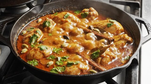 Savory chicken curry simmering and bubbling in a black cast iron skillet on a stovetop, overhead shot
