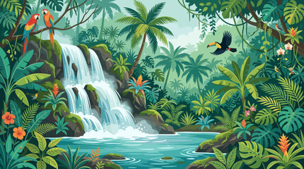 Obraz premium Vibrant vector illustration of a lush tropical rainforest featuring a cascading waterfall, colorful macaws, a toucan, and rich exotic plants. Ideal for travel, nature, kids' designs.