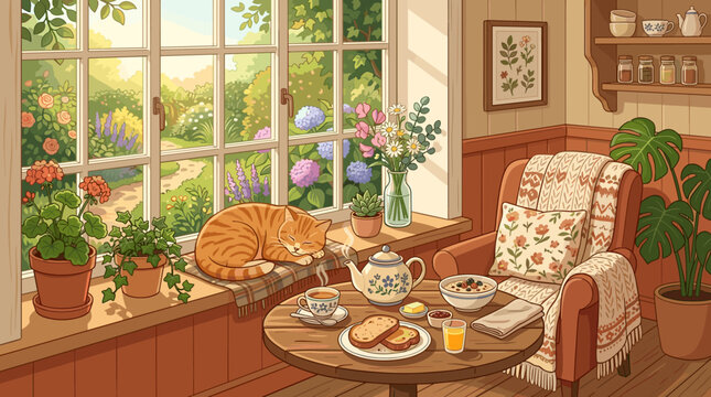 Charming vector illustration of a cozy morning. Cat sleeps by a sunny window overlooking a lush garden, with breakfast on the table. Ideal for home, lifestyle, relaxation.