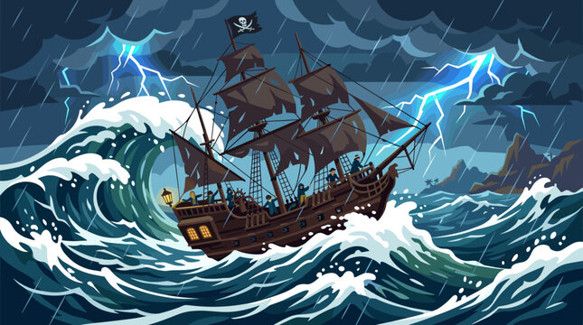 Dynamic vector illustration of a pirate ship battling a severe ocean storm. Large waves, lightning, and rain convey adventure and challenge. Ideal for themes of perseverance.