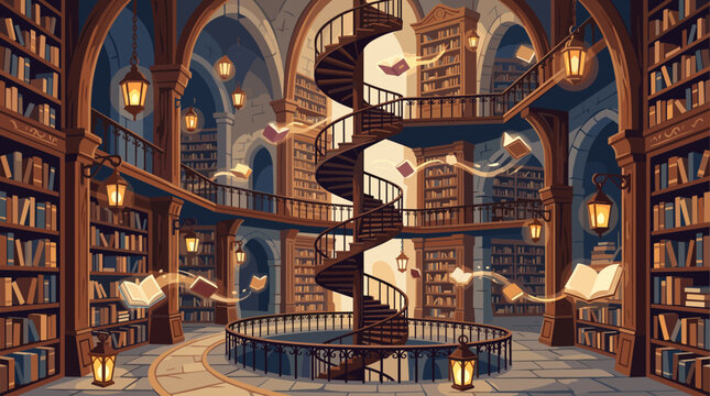 Magical vector library interior with floating books, spiral staircase, and warm lanterns. Perfect for fantasy, education, and creative projects, evoking wonder and knowledge.