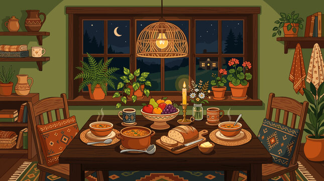 Cozy rustic dinner table with warm soup, fresh bread, fruit, and candlelight. Serene night view from window. Perfect for home decor, culinary content, or inviting atmosphere.