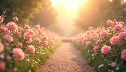 Obraz premium Soft focus path through rose garden in warm sunlight. Pink flowers bloom on both sides. Gentle light filters through trees creating a dreamy atmosphere perfect for romance or events.