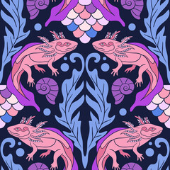 Obraz premium Beautiful Axolotl Art Nouveau Seamless Pattern with Shells and Aquatic Leaves on Dark Navy Background for Textile and Wallpaper